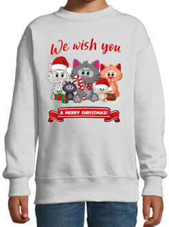 Bellatio Decorations Kersttrui/sweater voor jongens/meisjes - we wish you - grijs - Kerst poesjes 7-8 jaar (122/128)