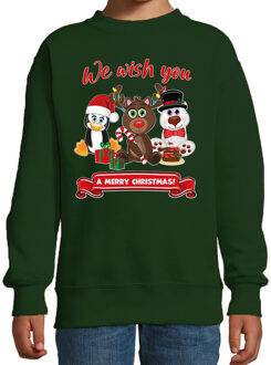 Bellatio Decorations Kersttrui/sweater voor jongens/meisjes - we wish you - groen - Kerst diertjes 7-8 jaar (122/128)