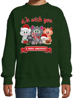 Bellatio Decorations Kersttrui/sweater voor jongens/meisjes - we wish you - groen - Kerst poesjes 7-8 jaar (122/128)