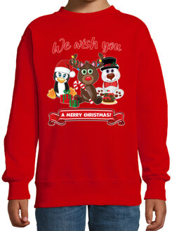 Bellatio Decorations Kersttrui/sweater voor jongens/meisjes - we wish you - rood - Kerst diertjes 7-8 jaar (122/128)