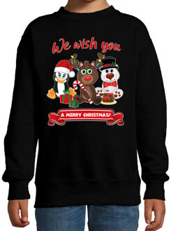 Bellatio Decorations Kersttrui/sweater voor jongens/meisjes - we wish you - zwart - Kerst diertjes 3-4 jaar (98/104)