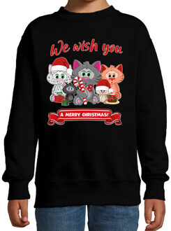 Bellatio Decorations Kersttrui/sweater voor jongens/meisjes - we wish you - zwart - Kerst poesjes 9-11 jaar (134/146)