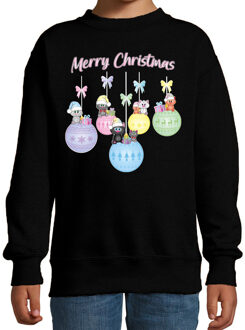 Bellatio Decorations Kersttrui / sweater voor jongens/meisjes - zwart - kerstballen - poesjes - Merry Christmas 9-11 jaar (134/146)