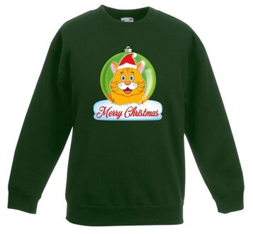 Bellatio Decorations Kersttrui sweater voor kinderen - groen - Merry Christmas - oranje kat / poes kerstbal