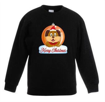 Bellatio Decorations Kersttrui sweater - voor kinderen - Merry Christmas hond kerstbal - zwart - Kerstkleding