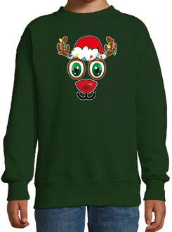 Bellatio Decorations kersttrui/sweater voor kinderen - Rudolf gezicht - rendier - groen 12-13 jaar (152/164) - kerst tru