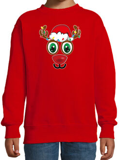 Bellatio Decorations kersttrui/sweater voor kinderen - Rudolf gezicht - rendier - rood 12-13 jaar (152/164) - kerst trui