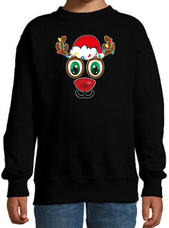 Bellatio Decorations kersttrui/sweater voor kinderen - Rudolf gezicht - rendier - zwart 12-13 jaar (152/164) - kerst tru