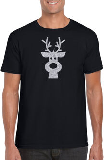 Bellatio Decorations Kersttrui t-shirt - Rendier kop - zwart - met zilveren glitter bedrukking - heren - Kerstkleding XL