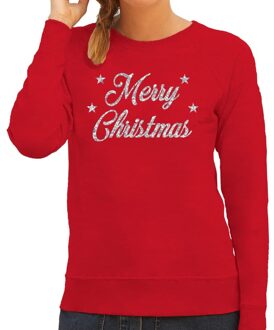 Bellatio Decorations Kersttrui voor dames - rood - Merry Christmas - in zilveren glitter letters - kerstkleding
