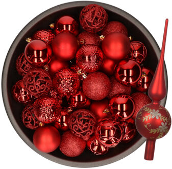 Bellatio Decorations Kerstversiering- 38-dlg- rood -kunststof kerstballen en glas piek - Kerstbal