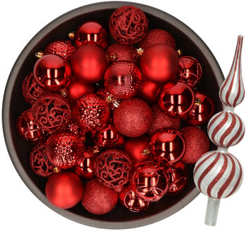 Bellatio Decorations Kerstversiering- 38-dlg- rood -kunststof kerstballen en glas piek - Kerstbal