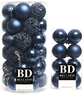Bellatio Decorations Kerstversiering kunststof kerstballen donkerblauw 4-6 cm pakket van 53x stuks