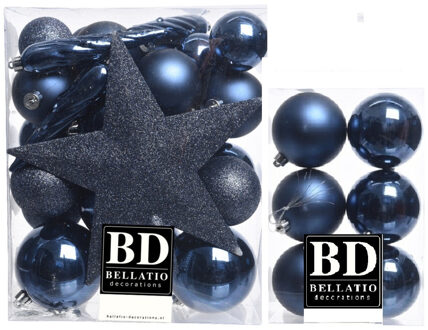 Bellatio Decorations Kerstversiering kunststof kerstballen met piek donkerblauw 5-6-8 cm pakket van 45x stuks