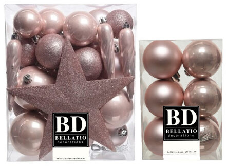 Bellatio Decorations Kerstversiering kunststof kerstballen met piek lichtroze 5-6-8 cm pakket van 45x stuks