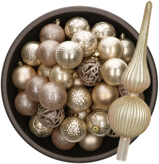 Bellatio Decorations Kerstversiering set - 38-dlg - champagne - kunststof kerstballen en glazen piek