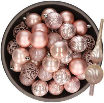Bellatio Decorations Kerstversiering set - 38-dlg - lichtroze - kunststof kerstballen en glazen luxe piek