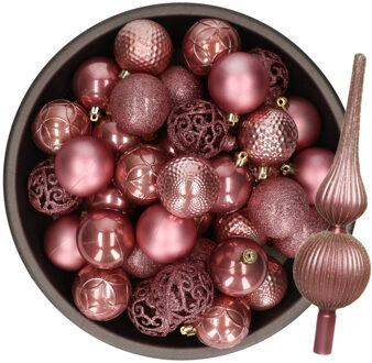 Bellatio Decorations Kerstversiering set - 38-dlg - oudroze - kunststof kerstballen en glazen luxe piek