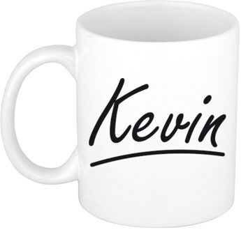 Bellatio Decorations Kevin Naam koffiemok - beker - met sierlijke letters - wit - 300 ml - Cadeau - Heren