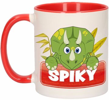 Bellatio Decorations Kinder dinosaurus mok / beker Spiky rood / wit 300 ml