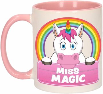 Bellatio Decorations Kinder eenhoorn mok / beker Miss Magic roze / wit 300 ml Multi