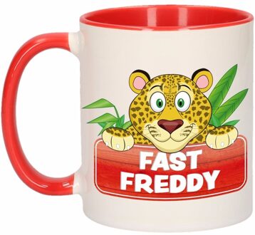 Bellatio Decorations Kinder luipaarden mok / beker Fast Freddy rood / wit 300 ml