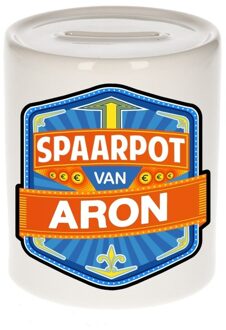 Bellatio Decorations Kinder spaarpot met naam - Aron - keramiek - met dop - wit - Sparen - Spaargeld van Aron