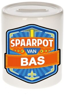 Bellatio Decorations Kinder spaarpot met naam - Bas - keramiek - met dop - wit - Sparen - Spaargeld van Bas Multi
