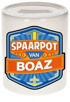 Bellatio Decorations Kinder spaarpot met naam - Boaz - keramiek - met dop - wit - Sparen - Spaargeld van Boaz