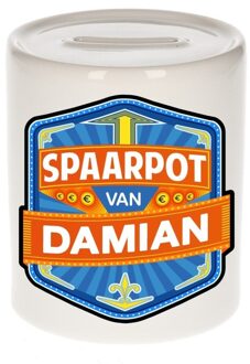 Bellatio Decorations Kinder spaarpot met naam - Damian - keramiek - met dop - wit - Sparen - Spaargeld van Damian Multi
