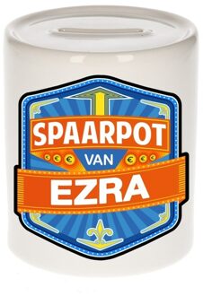 Bellatio Decorations Kinder spaarpot met naam - Ezra - keramiek - met dop - wit - Sparen - Spaargeld van Ezra