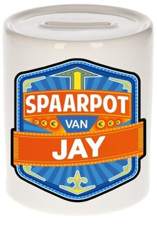 Bellatio Decorations Kinder spaarpot met naam - Jay - keramiek - met dop - wit - Sparen - Spaargeld van Jay Multi