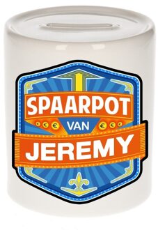 Bellatio Decorations Kinder spaarpot met naam - Jeremy - keramiek - met dop - wit - Sparen - Spaargeld van Jeremy Multi
