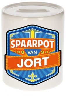 Bellatio Decorations Kinder spaarpot met naam - Jort - keramiek - met dop - wit - Sparen - Spaargeld van Jort Multi
