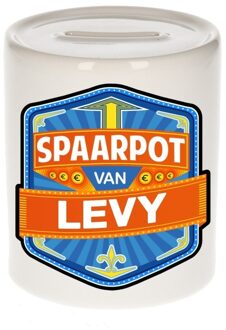 Bellatio Decorations Kinder spaarpot met naam - Levy - keramiek - met dop - wit - Sparen - Spaargeld van Levy Multi