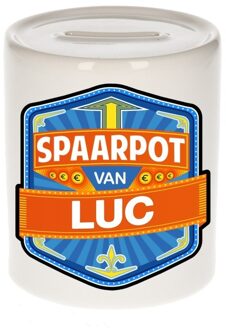 Bellatio Decorations Kinder spaarpot met naam - Luc - keramiek - met dop - wit - Sparen - Spaargeld van Luc Multi