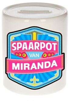 Bellatio Decorations Kinder spaarpot met naam - Miranda - keramiek - met dop - wit - Sparen - Spaargeld van Miranda Multi
