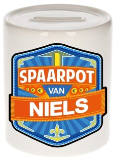 Bellatio Decorations Kinder spaarpot met naam - Niels - keramiek - met dop - wit - Sparen - Spaargeld van Niels