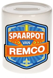 Bellatio Decorations Kinder spaarpot met naam - Remco - keramiek - met dop - wit - Sparen - Spaargeld van Remco Multi