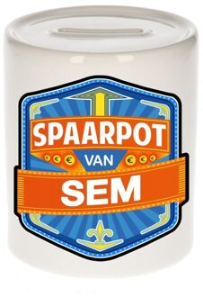 Bellatio Decorations Kinder spaarpot met naam - Sem - keramiek - met dop - wit - Sparen - Spaargeld van Sem Multi