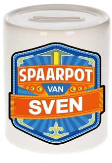 Bellatio Decorations Kinder spaarpot met naam - Sven - keramiek - met dop - wit - Sparen - Spaargeld van Sven Multi