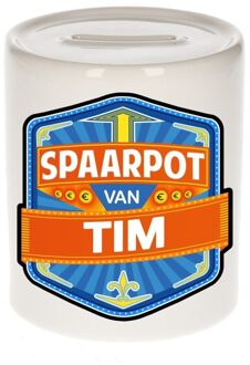Bellatio Decorations Kinder spaarpot met naam - Tim - keramiek - met dop - wit - Sparen - Spaargeld van Tim