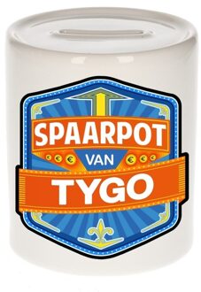 Bellatio Decorations Kinder spaarpot met naam - Tygo - keramiek - met dop - wit - Sparen - Spaargeld van Tygo Multi