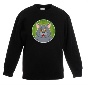 Bellatio Decorations Kinder sweater zwart met vrolijke grijze kat print - grijze katten trui 12-13 jaar (152/164)