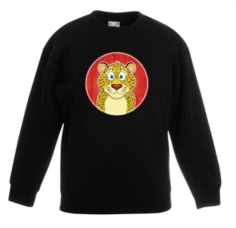 Bellatio Decorations Kinder sweater zwart met vrolijke luipaard print - luipaarden trui 12-13 jaar (152/164)