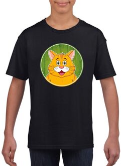 Bellatio Decorations Kinder t-shirt zwart met vrolijke oranje kat print - katten shirt L (146-152)