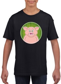 Bellatio Decorations Kinder t-shirt zwart met vrolijke varken print - varkens shirt L (146-152)