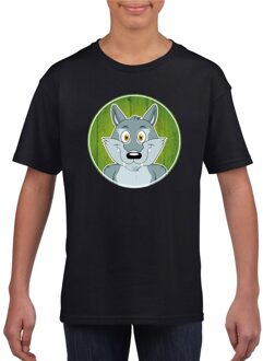 Bellatio Decorations Kinder t-shirt zwart met vrolijke wolf print - wolven shirt XS (110-116)