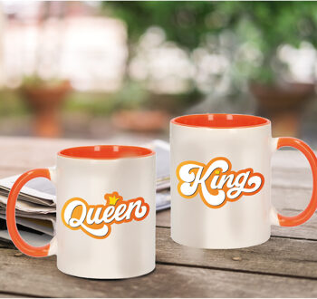 Bellatio Decorations King and queen cadeau mok / beker wit en oranje