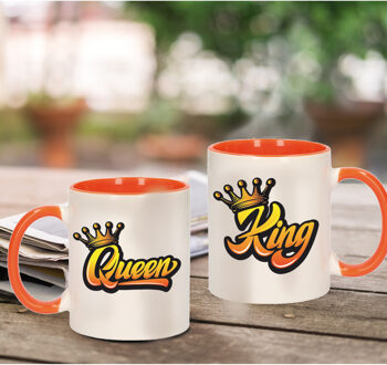 Bellatio Decorations King and queen met kroon cadeau mok / beker wit en oranje